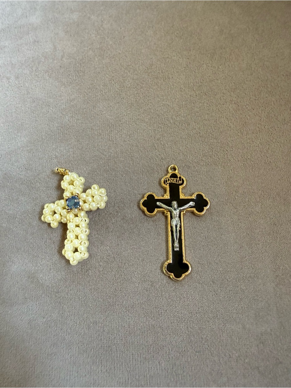 Pearl Bead Cross Pendant and Black Enamel Cross Pendant Set of Two